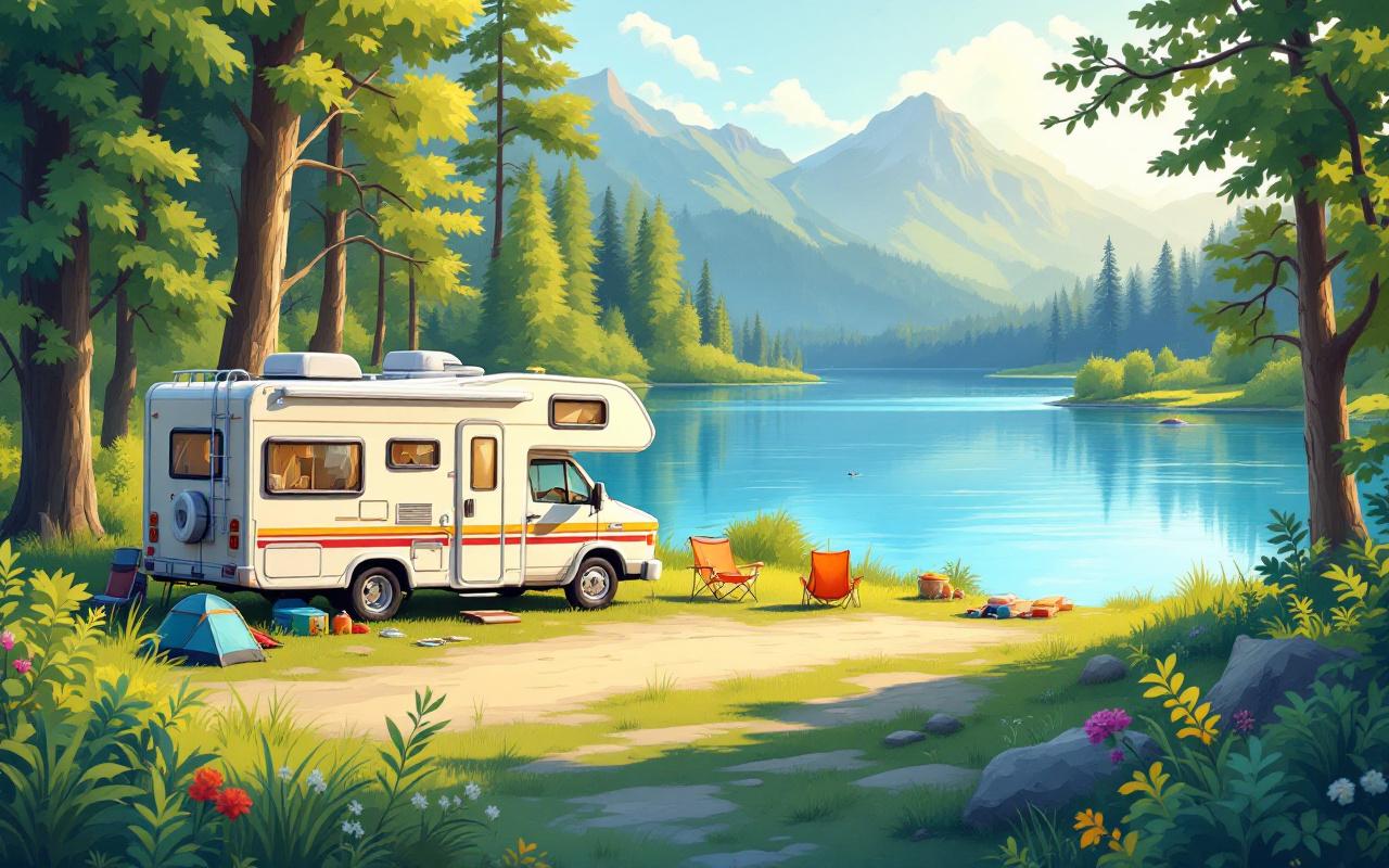 A motorhome parked beside a calm lake, with tents and camping gear around, set in a lush green environment.